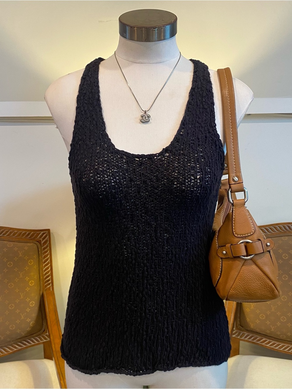 360 Sweater Black Open-Knit Crochet Cotton Tank, Size M